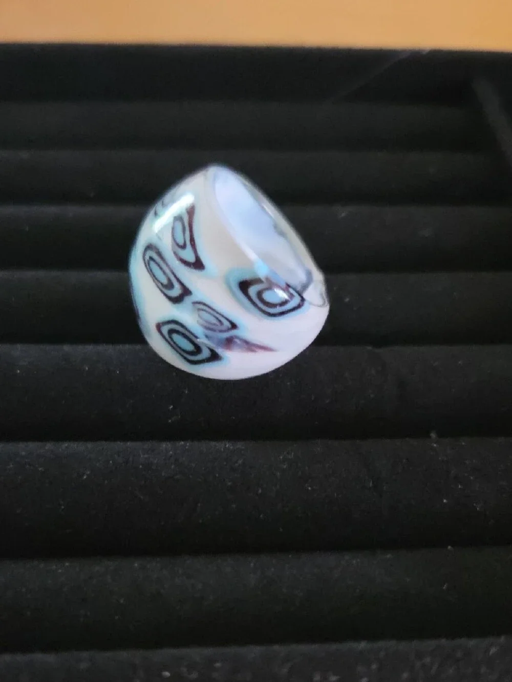 Glass Dome Statement Ring with Black, Blue Geometric Pattern Sz 7